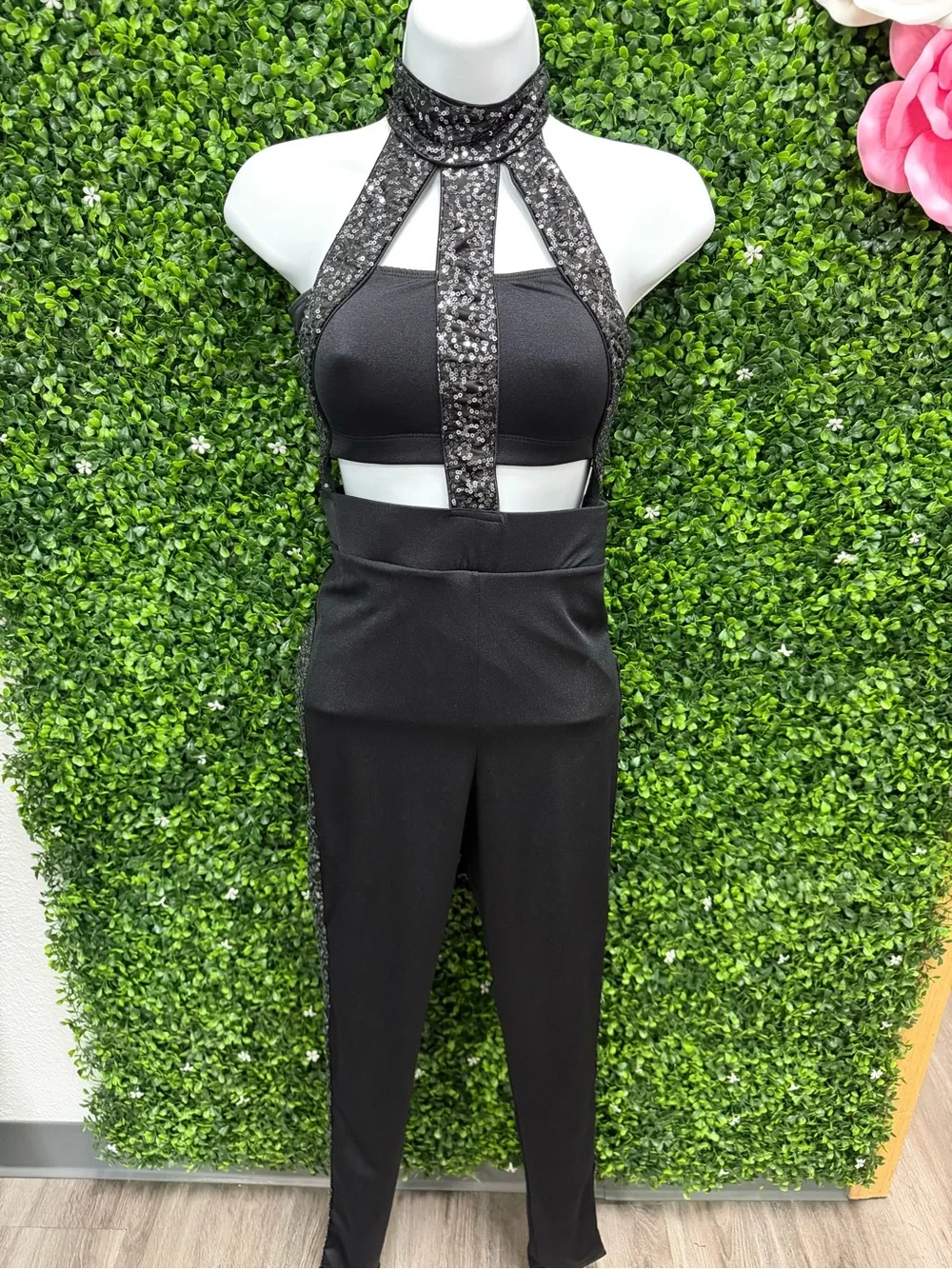 Black Sequin Halter Dance Jumpsuit for Kids